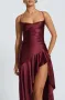 Дамска елегантна сатенена вечерна рокля с висока цепка и гръб с връзки в цвят бордо, снимка 5