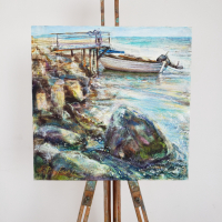  Картината с маслени бои - "Лодка на рибар от Несебър в залива сред камъни", снимка 2 - Картини - 44559129