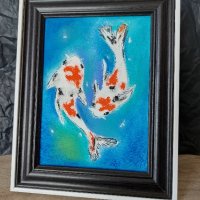 Японски рибки Кои, картина пастел, оригинал, снимка 4 - Картини - 44224588