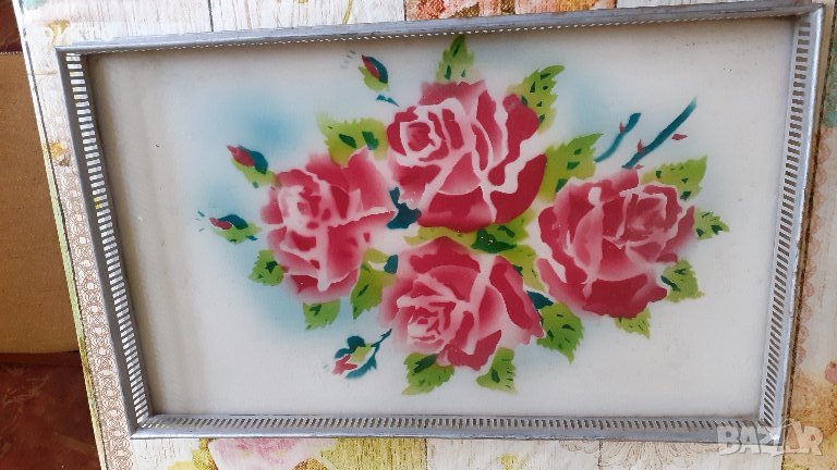 поднос за сервиране антикварен стъкло и масивен метал, снимка 1