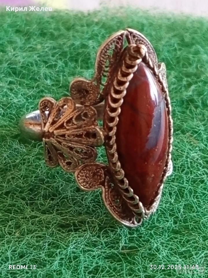 Винтидж сребърен пръстен богато орнаментиран с флорален мотив камък АХАТ ювелирна изработка 52660, снимка 1