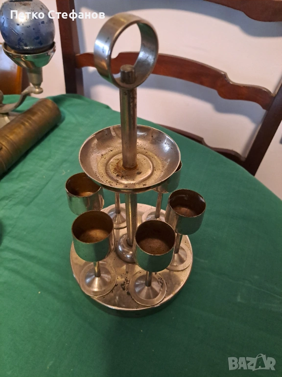 Ретро комплект метални чашки за шотове с поставка, снимка 1