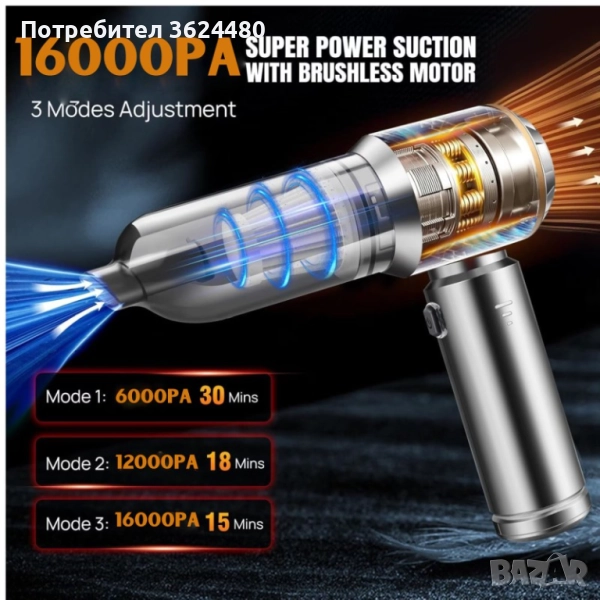 Прахосмукачка – Мощна 16000PA за Кола и Дом, USB-C Зареждане, снимка 1