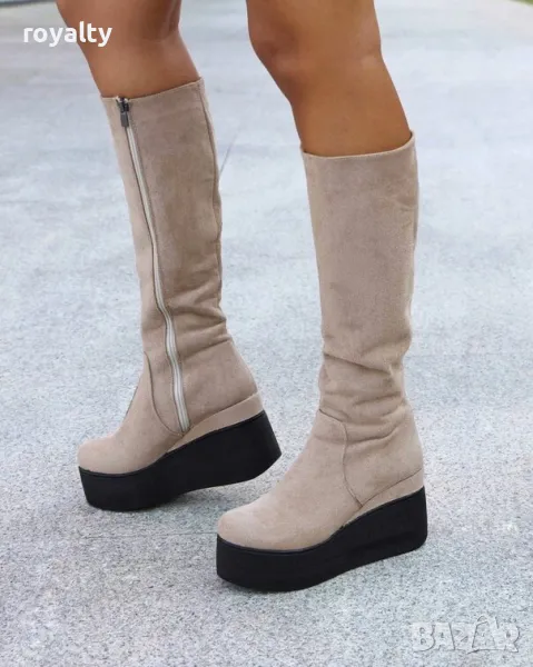Ботуши на платформа - бежов велур с черно ходило, снимка 1
