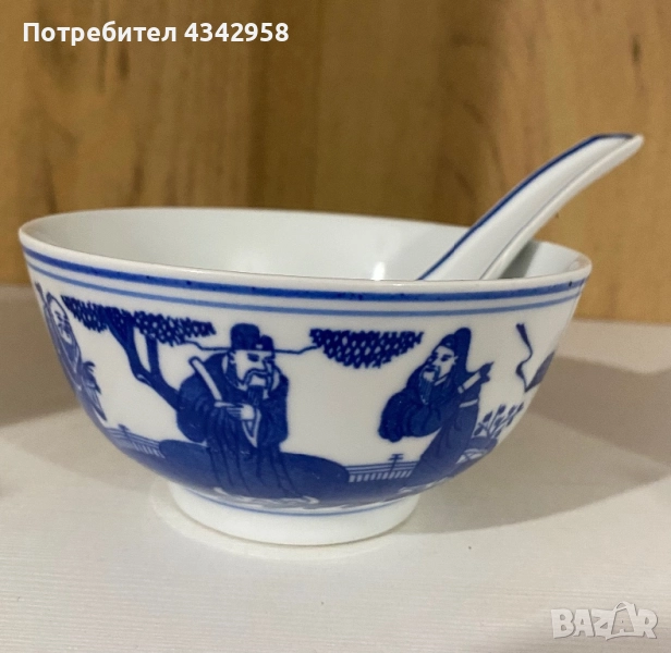 « Три мъдреца».Китайска порцеланова чиния с лъжичка.1970 г, снимка 1