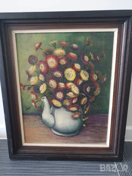 60х50см/стара картина масло върху платно-фазер/натюрморт чайник с цветя/дървена рамка, снимка 1