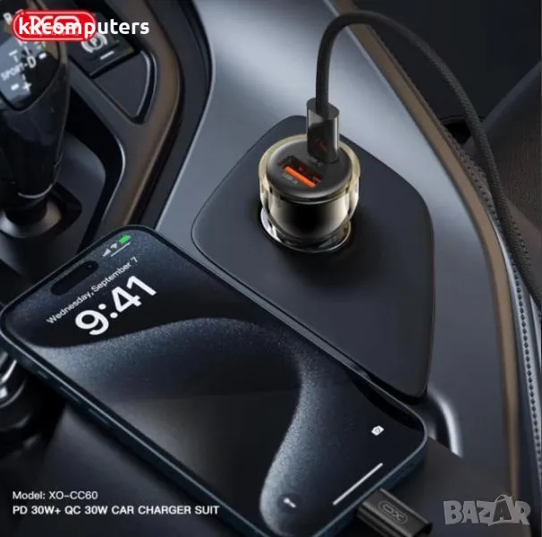 12V Зарядно за автомобил XO-CC60 60W/ PD, USB QC 3.0 / Type-C - Type-C кабел / Прозрачен / Баркод : , снимка 1