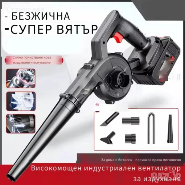 Безжична вентилаторна прахосмукачка 2 в 1 – Издухване и Всмукване с Мощна 21V Батерия, снимка 1