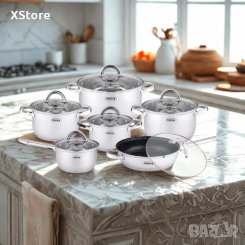 Комплект тенджери Rosberg, Неръждаема стомана, 6 части, Индукция, снимка 2 - Съдове за готвене - 52507442