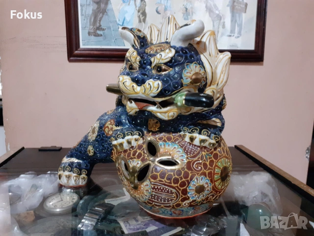 Сатцума Satsuma Kutani Стар порцелан фигура дракон, куче фу, снимка 4 - Антикварни и старинни предмети - 53357603