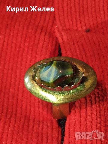 СТАРИНЕН МЕДЕН с ДЪЛБОКА ПОЗЛАТА СКЪПОЦЕНЕН ПРЪСТЕН с ПОЛИРАН НАТУРАЛЕН ЯСПИС РЪЧНА ИЗРАБОТКА 22219, снимка 4 - Антикварни и старинни предмети - 36422773