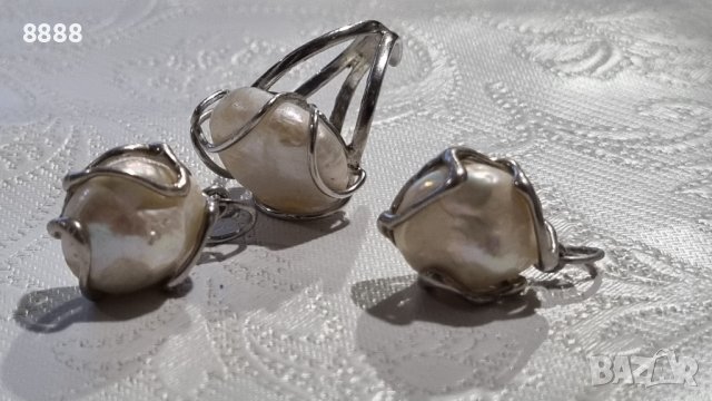 Сребърен комплект обеци с пръстен с натурални перли , снимка 3 - Бижутерийни комплекти - 44231258