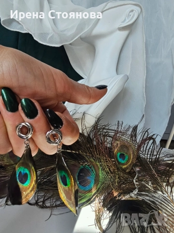 Ръчно изработени обеци с паунови пера, снимка 5 - Обеци - 52387526