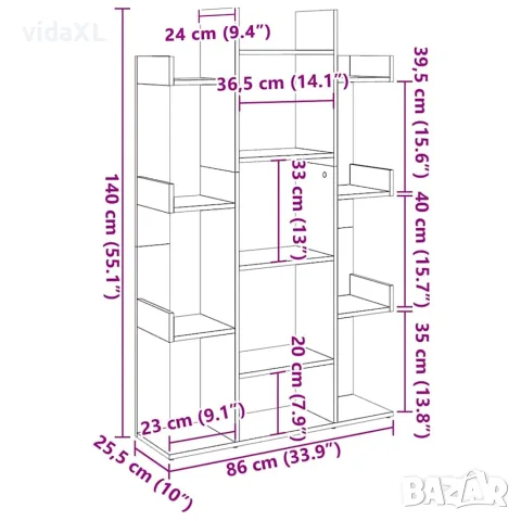 vidaXL Шкаф библиотека, дъб сонома, 86x25,5x140 см, инженерно дърво, снимка 8 - Ракли - 56147791