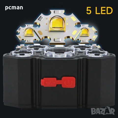 5 LED фенерче, челник, акумулаторно с вградена 18650 батерия, силна светлина, къмпинг, снимка 3 - Къмпинг осветление - 40578998