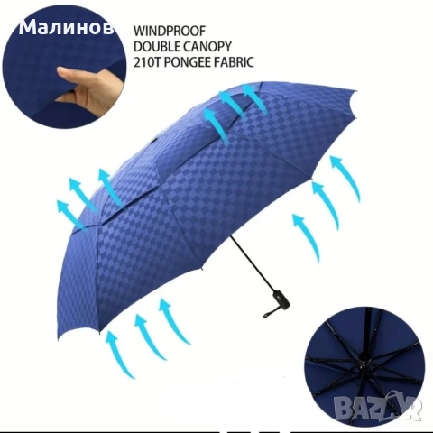 122см автоматичен сгъваем чадър с клапа за вятър, голям и лек чадър, компактен чадър, снимка 3 - Други - 52575960