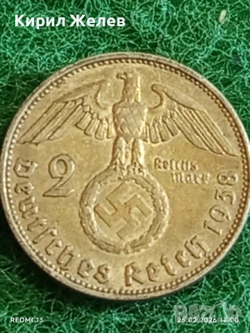 Сребърна монета 2 райхсмарки 1938г. Германия Трети Райх с Свастика за КОЛЕКЦИОНЕРИ 51266, снимка 5 - Нумизматика и бонистика - 53616326
