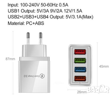 Мощно USB 4х Порта Бързо Зарядно за Смартфон Таблет iPhone iPad Xiaomi Huawei Quick Charge 3.0 Sony, снимка 2 - Аксесоари за Apple - 41381386