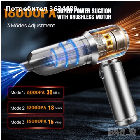 Прахосмукачка – Мощна 16000PA за Кола и Дом, USB-C Зареждане