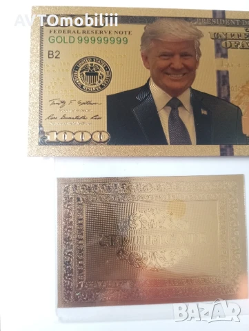 Позлатена с 24 карата злато релефна банкнота 100 долара с Доналд Тръмп, снимка 3 - Нумизматика и бонистика - 51375392