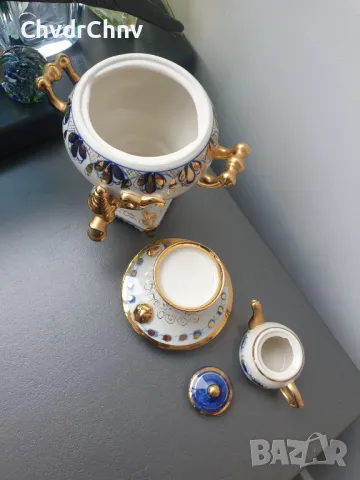 Гжель декоративен съветски руски порцеланов самовар с чайник/СССР Русия 27см, снимка 2 - Вази - 46686456