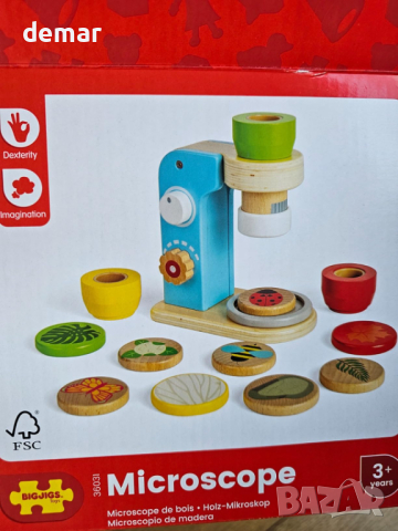 Bigjigs Toys Дървена играчка микроскоп от 14 части с 3 лещи, образователна играчка за малки деца, снимка 7 - Образователни игри - 44737638
