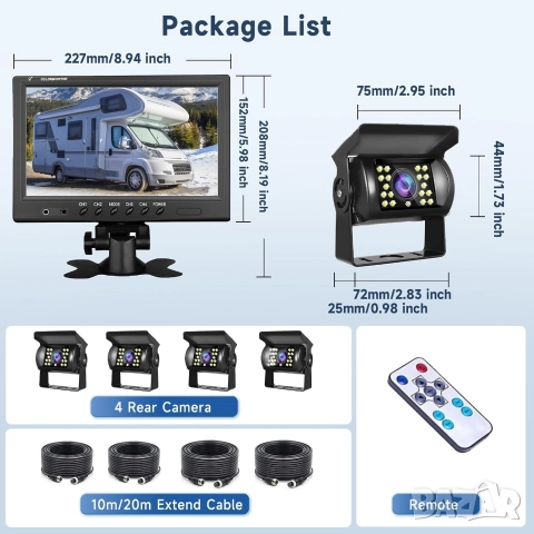 ПРО система за видеонаблюдение Podofo: 9" монитор + 4 камери за камиони, кемпери , снимка 7 - Аксесоари и консумативи - 52793160