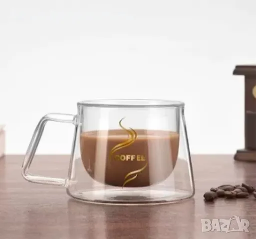 Чаша за кафе 200 мл от двустенно боросиликатно стъкло, COFFEE послание, термоустойчива,, снимка 3 - Чаши - 47526689