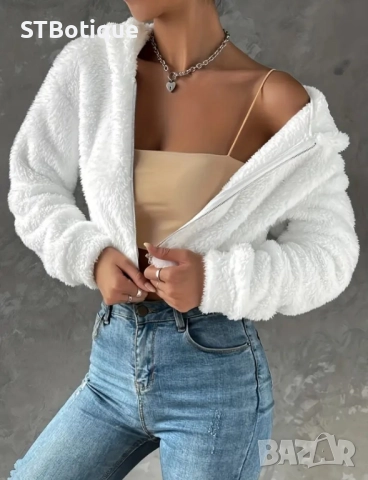 🧥 Черно/Бяло плюшено дамско палто с качулка – STBoutique, снимка 8 - Якета - 51938079