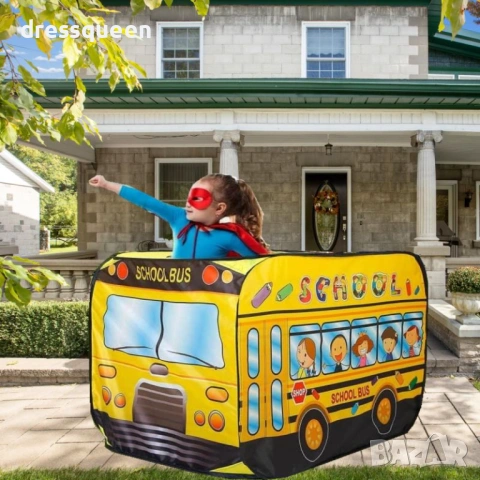 4777 Детска палатка за игра „Жълт автобус“ с велкро завеси и забавен дизайн, снимка 4 - Други - 53712155