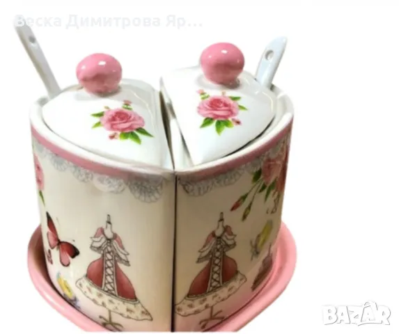 Порцеланова захарница,форма на сърце, снимка 3 - Прибори за хранене, готвене и сервиране - 47347296