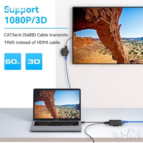 60 м HDMI екстендър, CAT6 CAT7 Ethernet to HDMI конвертор, снимка 2 - Друга електроника - 42109756