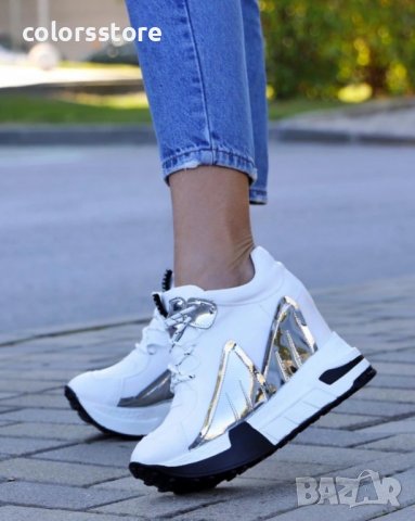 Кецове на платформа - бяло със сребристо - PA20, снимка 2 - Кецове - 38642149