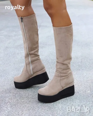 Ботуши на платформа - бежов велур с черно ходило