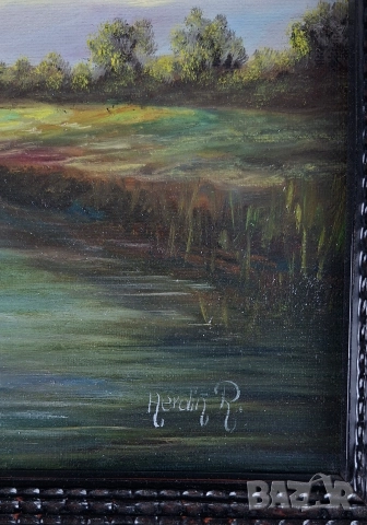 Картина с пейзаж, изобразяващ спокойна селска сцена край река, снимка 4 - Картини - 52776014