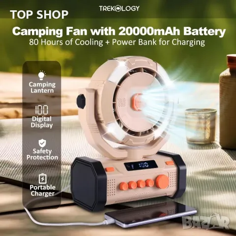 Вентилатор за къмпинг TREKOLOGY с 20000mAh батерия и Power Bank, 120° осцилация, LED светлина, снимка 2 - Къмпинг мебели - 49938075