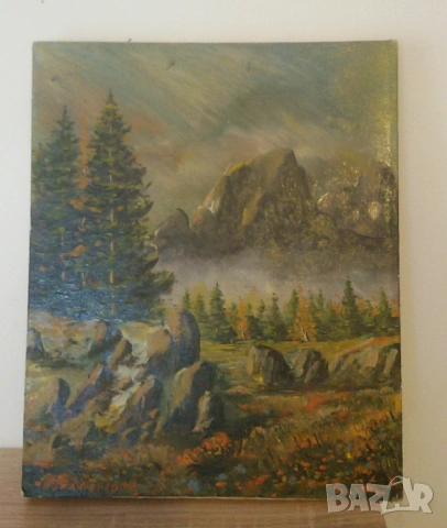 Маслена картина пейзаж с дървета, скали и цветя