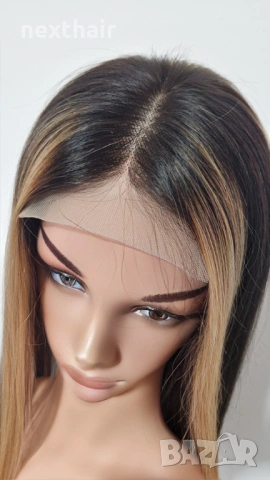 Естествена черна перука с руси кичури - 55 см, дантелена зона 4х4, снимка 4 - Аксесоари за коса - 53148642
