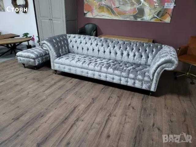Голям сив диван от плат Честърфийлд и табуретка, снимка 4 - Дивани и мека мебел - 48286284