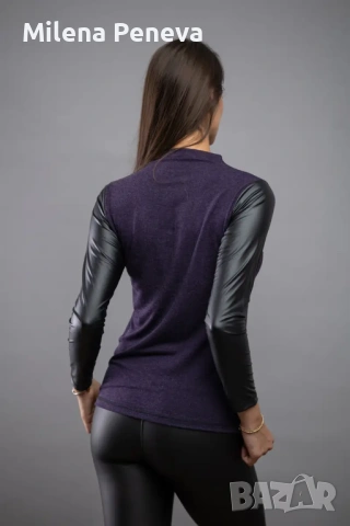 Блуза със кожени ръкави, снимка 2 - Блузи с дълъг ръкав и пуловери - 53335148