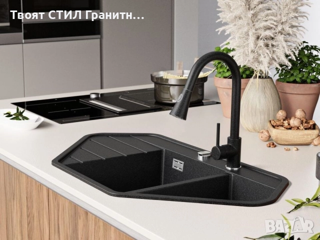 Графит ъглова кухненска гранитна мивка Копенхаген 900 Corner 900x500 мм, снимка 2 - Мивки - 51892475
