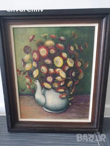 60х50см/стара картина масло върху платно-фазер/натюрморт чайник с цветя/дървена рамка