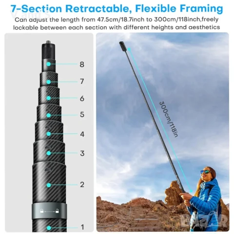 REYGEAK 118" удължен селфи стик за Insta360 X4, до 300см ултра дълъг невидим селфи стик с 1/4 винт, , снимка 4 - Чанти, стативи, аксесоари - 51289563