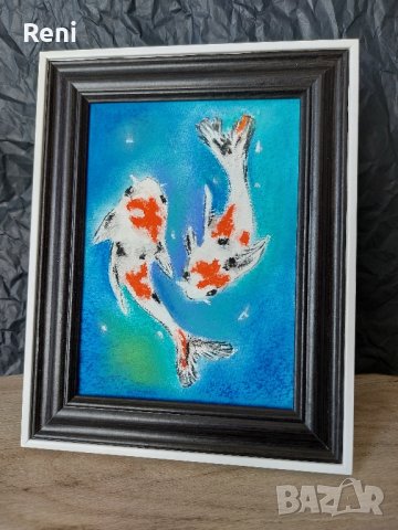 Японски рибки Кои, картина пастел, оригинал, снимка 4 - Картини - 44224588