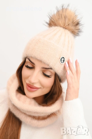 Дамски зимен комплект за жени – шапка с привличащ вниманието голям помпон и мек шал, 8цвята , снимка 7 - Шапки - 52339959