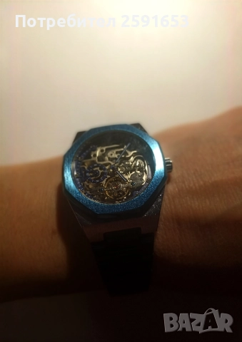 Автоматичен часовник тип скелетон в син цвят, снимка 2 - Мъжки - 52310704