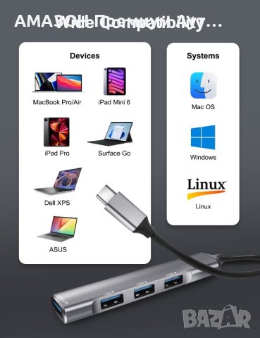 Jstoo 4-портов ултра тънък USB-C хъб за данни,1 x USB 3.0/3 x USB 2.0/USB C адаптер,MacBook Pro/Air, снимка 8 - Лаптоп аксесоари - 41721380