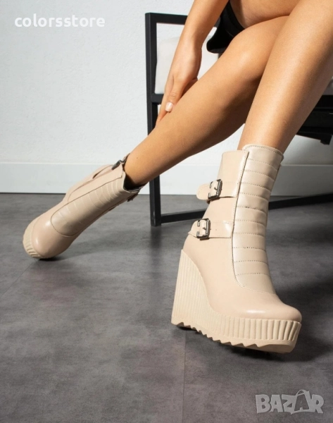 Боти на платформа - бежова кожа с бежово ходило - B2001 , снимка 1