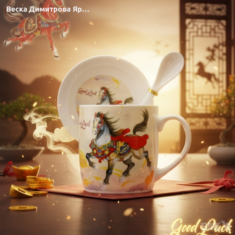 Подаръчен късметлийски порцеланов комплект – чаша, чинийка и лъжичка с празничен дизайн на коне, снимка 1