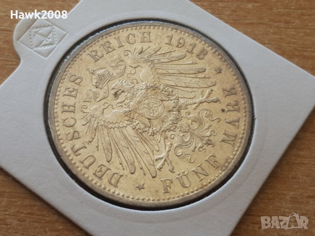5 марки 1913 А Прусия Германия Рядка Сребърна монета ЩЕМПЕЛ, снимка 3 - Нумизматика и бонистика - 39975558